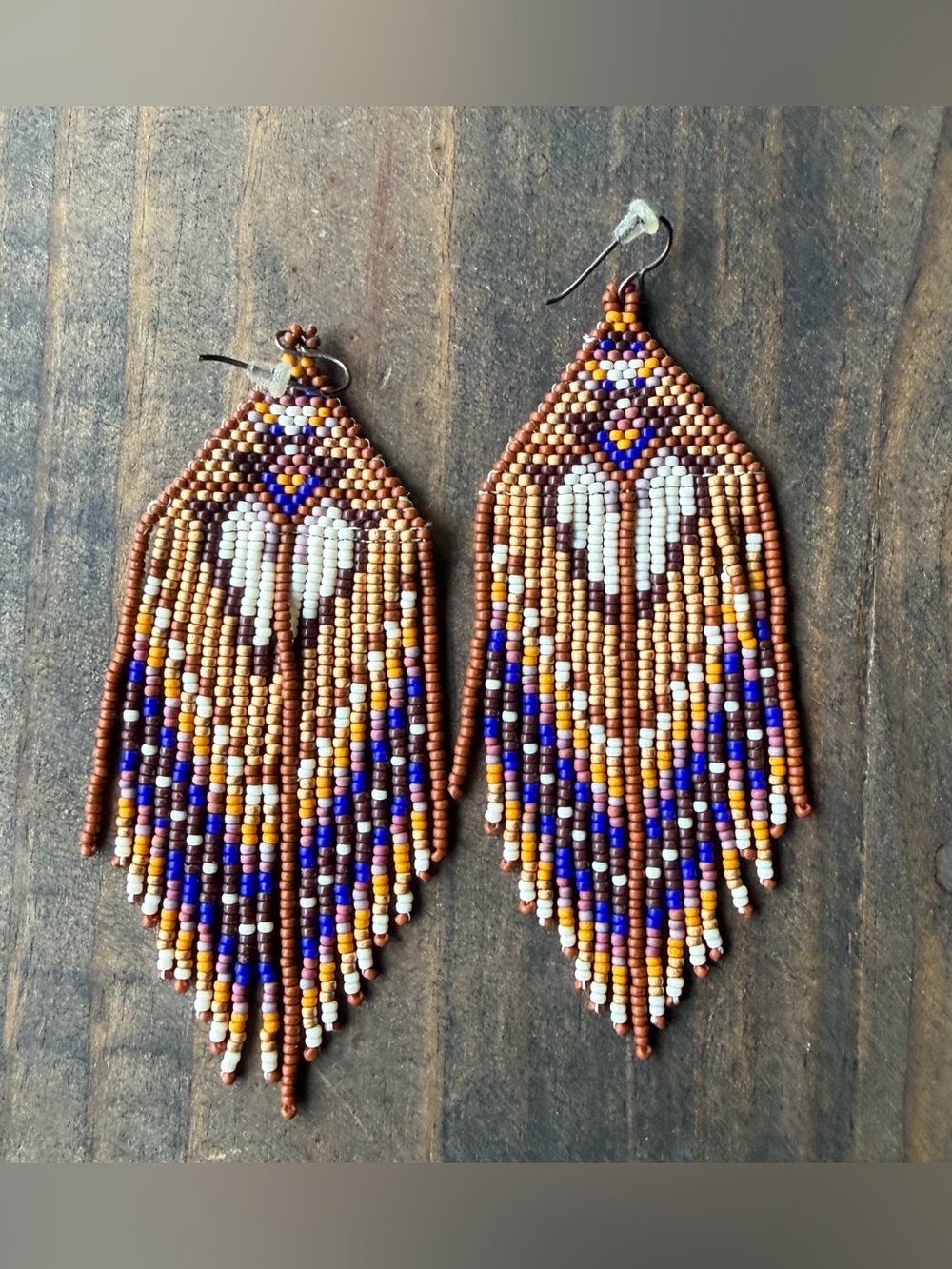 Handmade Brown and Cream Seed Bead Fringe Earrings